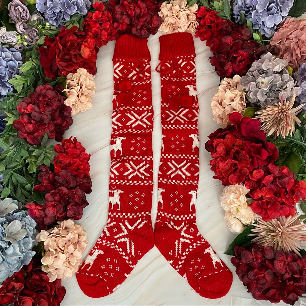 Sexy Over the Knee Red Knit Reindeer Snowflake Socks with Pom Poms - Picture 4 of 15